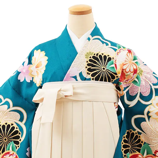小学生卒業式略式袴(女の子) Z527 ターコイズ桜菊橘×クリーム椿