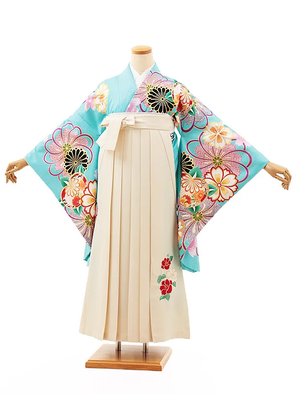 小学生卒業式かんたん袴(女の子) Z529 スカイブルー桜菊橘×クリーム椿