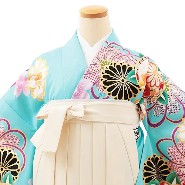 小学生卒業式かんたん袴(女の子) Z529 スカイブルー桜菊橘×クリーム椿