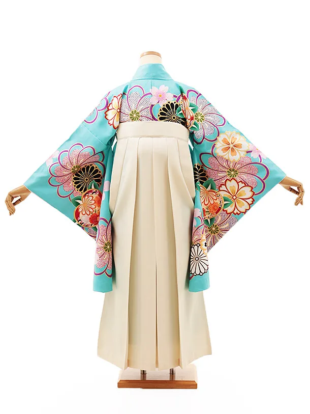 小学生卒業式略式袴(女の子) Z530 スカイブルー桜菊橘×クリーム椿