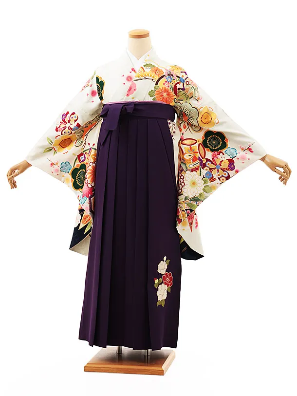 小学生卒業式略式袴(女の子) Z531 薄ヒワ色 吉祥文様×紫椿