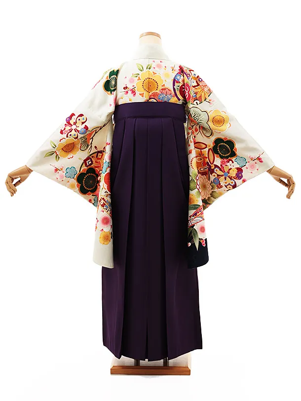 小学生卒業式略式袴(女の子) Z531 薄ヒワ色 吉祥文様×紫椿