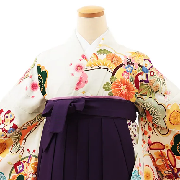 小学生卒業式略式袴(女の子) Z531 薄ヒワ色 吉祥文様×紫椿