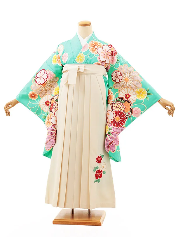 小学生卒業式かんたん袴(女の子) Z533 ミント桜菊雪輪×クリーム椿