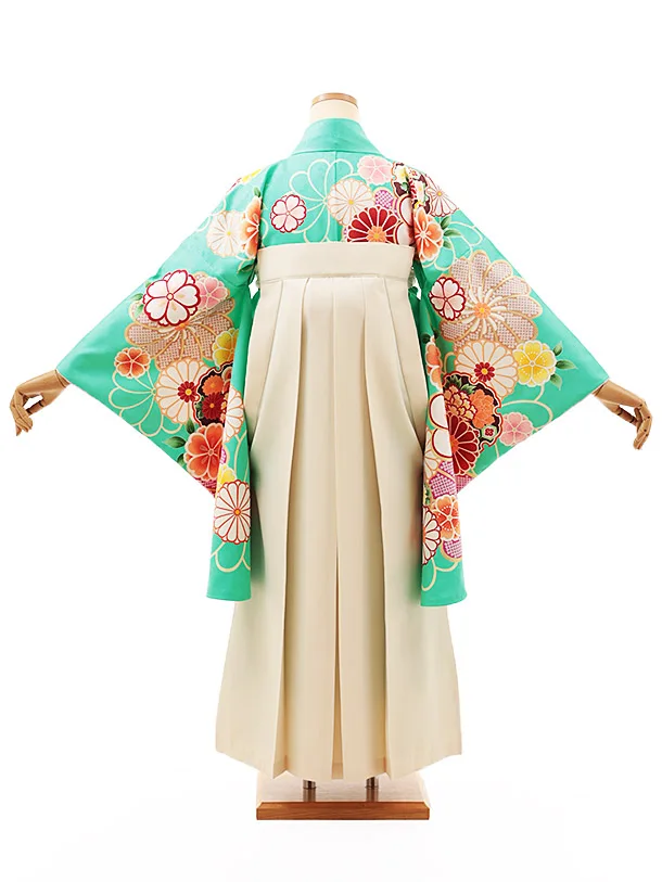 小学生卒業式略式袴(女の子) Z534 ミント桜菊雪輪×クリーム椿