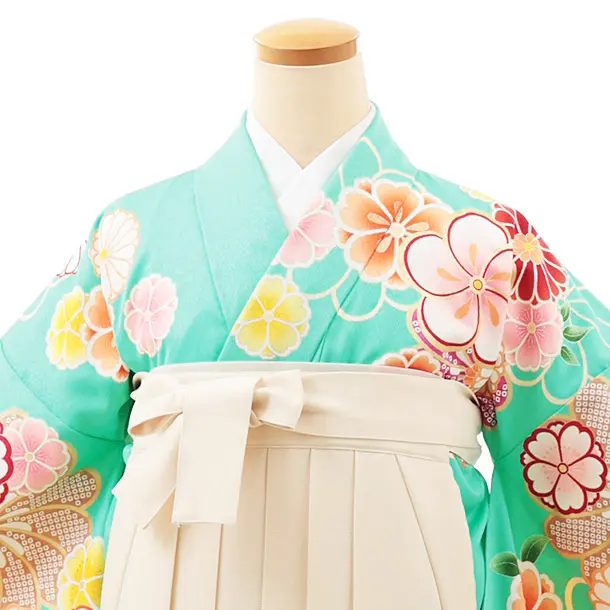 小学生卒業式略式袴(女の子) Z534 ミント桜菊雪輪×クリーム椿