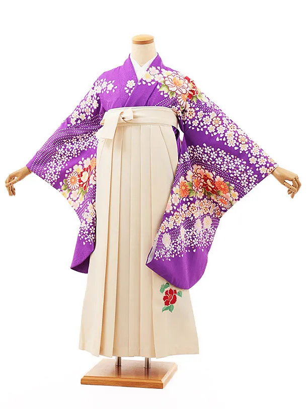 小学生卒業式略式袴(女の子) Z535 パープル牡丹桜流し×クリーム椿