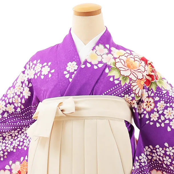 小学生卒業式かんたん袴(女の子) Z535 パープル牡丹桜流し×クリーム椿