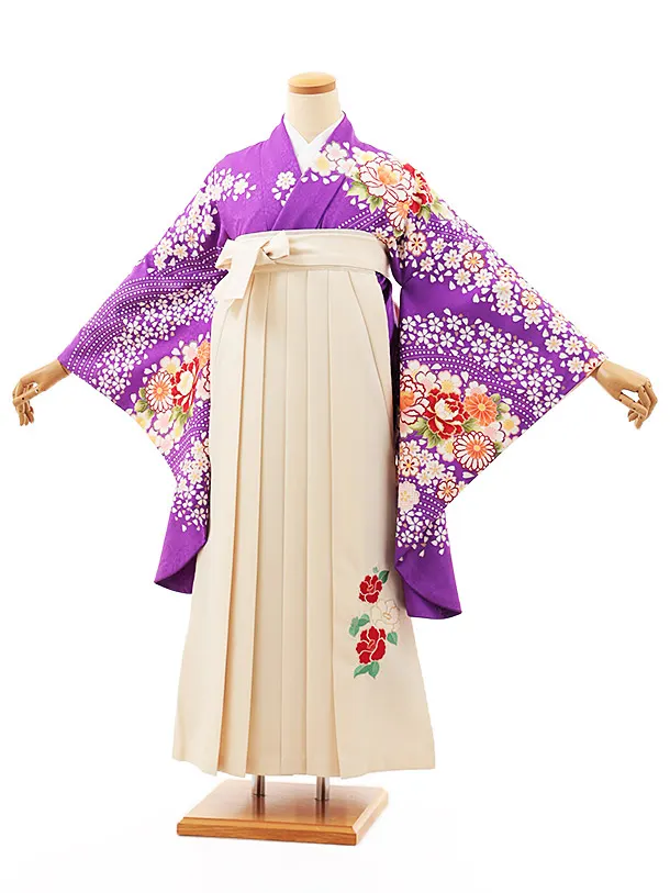 小学生卒業式かんたん袴(女の子) Z536 パープル牡丹桜流し×クリーム椿