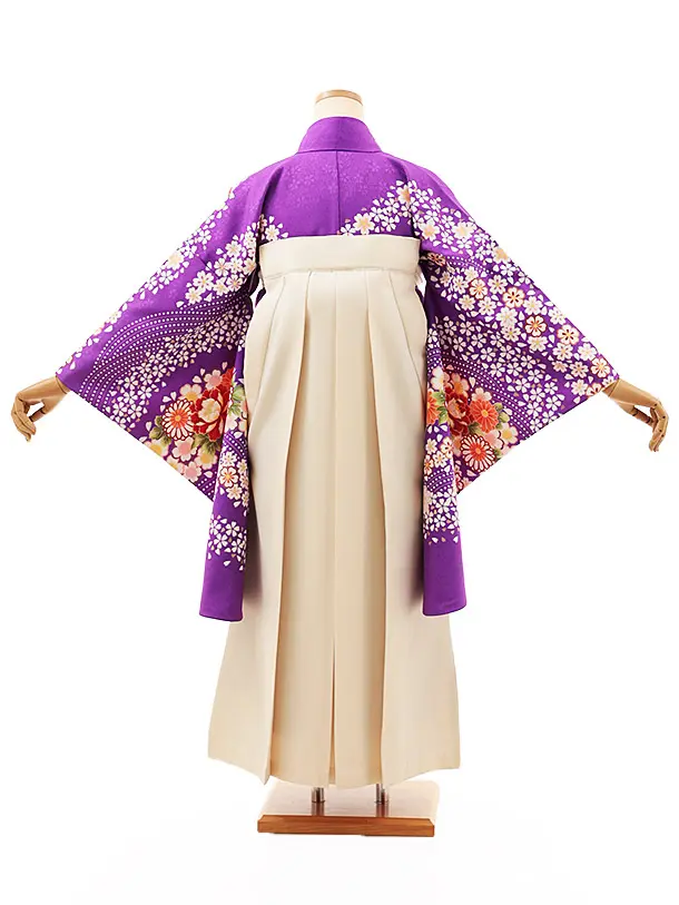 小学生卒業式かんたん袴(女の子) Z536 パープル牡丹桜流し×クリーム椿