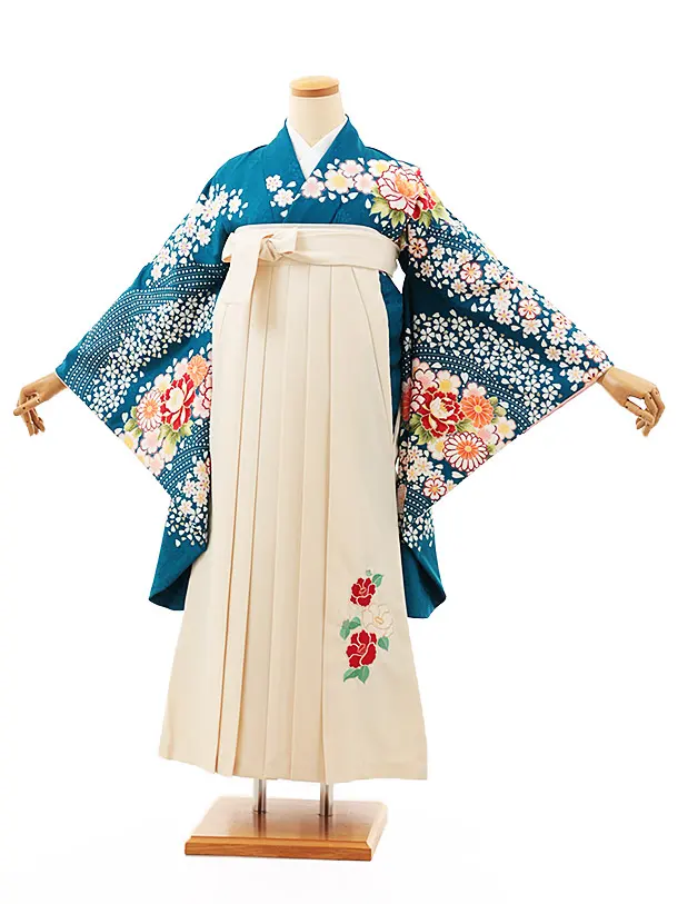 小学生卒業式略式袴(女の子) Z538 ブルーグリーン牡丹桜流し×クリーム椿