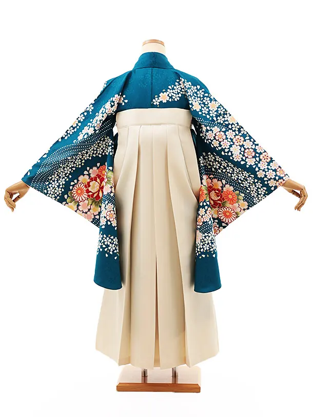 小学生卒業式略式袴(女の子) Z538 ブルーグリーン牡丹桜流し×クリーム椿