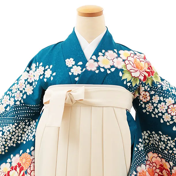 小学生卒業式略式袴(女の子) Z538 ブルーグリーン牡丹桜流し×クリーム椿