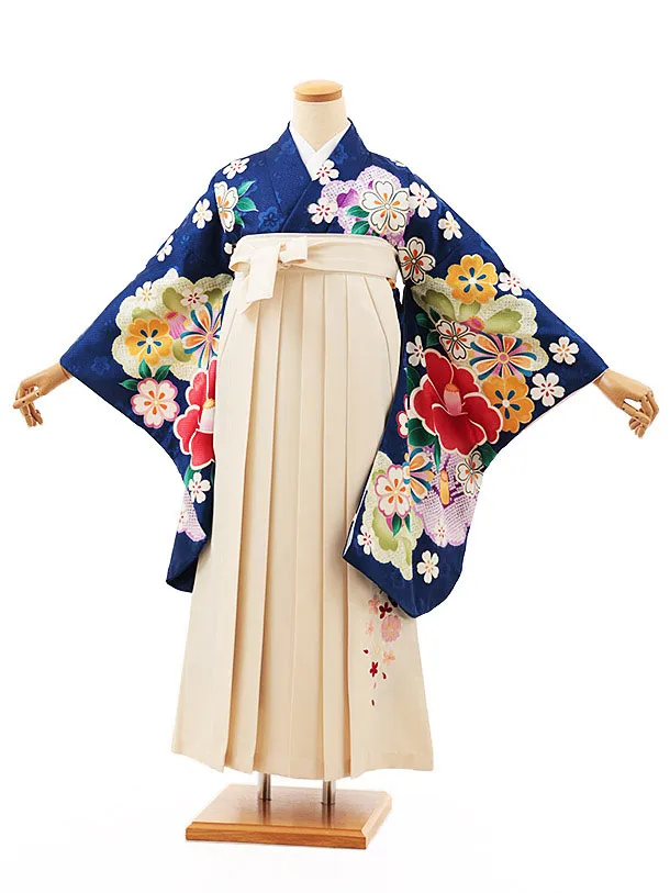 小学生卒業式略式袴(女の子) Z539 ブルー桜椿×クリーム桜