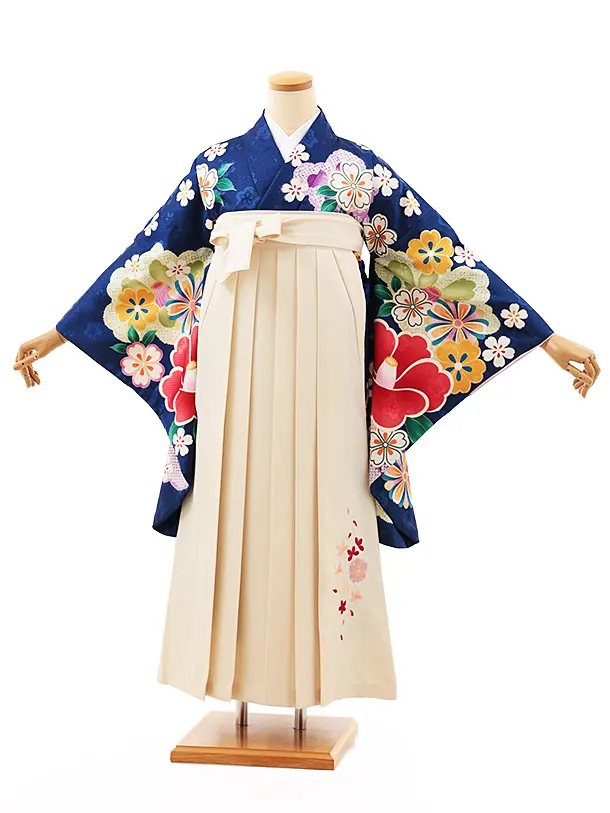 小学生卒業式略式袴(女の子) Z540 ブルー桜椿×クリーム桜