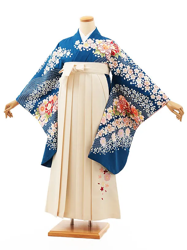 小学生卒業式略式袴(女の子) Z541 ブルー牡丹桜流し×クリーム桜