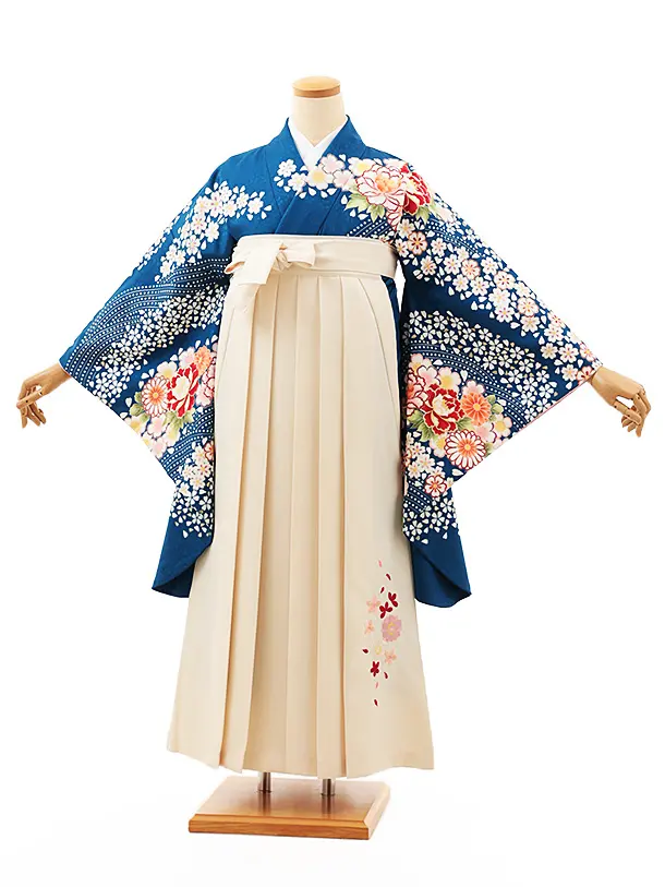 小学生卒業式略式袴(女の子) Z541 ブルー牡丹桜流し×クリーム桜