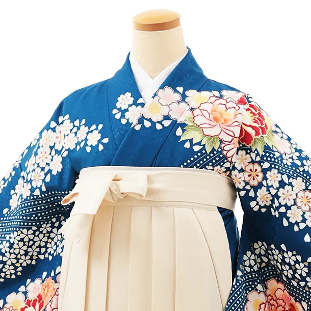 小学生卒業式略式袴(女の子) Z541 ブルー牡丹桜流し×クリーム桜