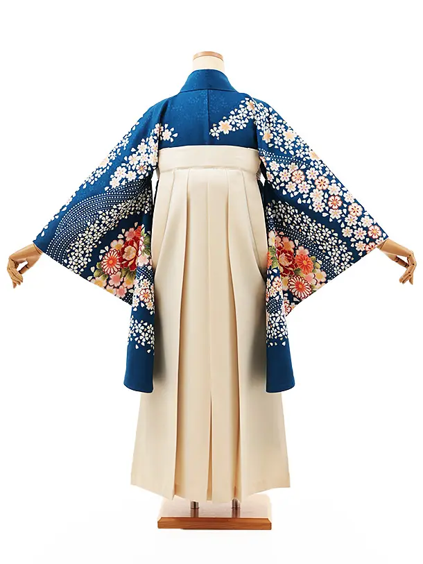 小学生卒業式略式袴(女の子) Z542 ブルー牡丹桜流し×クリーム桜