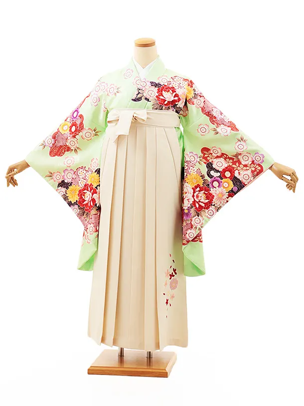 小学生卒業式かんたん袴(女の子) Z544 ビビッドグリーン花づくし×クリーム桜