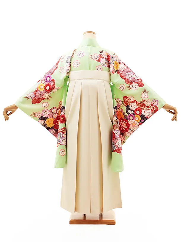 小学生卒業式かんたん袴(女の子) Z544 ビビッドグリーン花づくし×クリーム桜