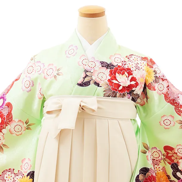 小学生卒業式かんたん袴(女の子) Z544 ビビッドグリーン花づくし×クリーム桜