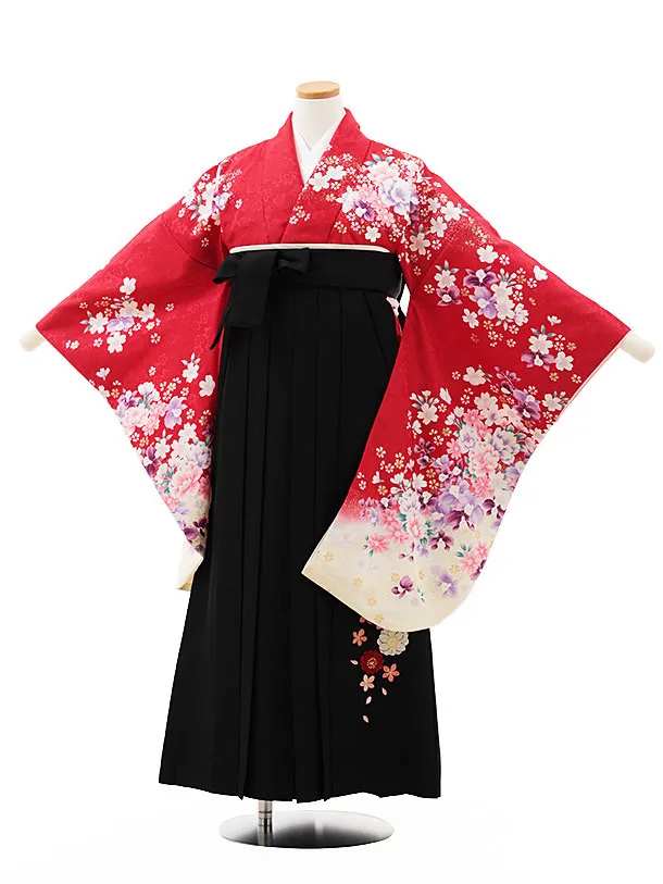 小学生卒業式略式袴(女の子) Z545 赤地花づくし×黒桜
