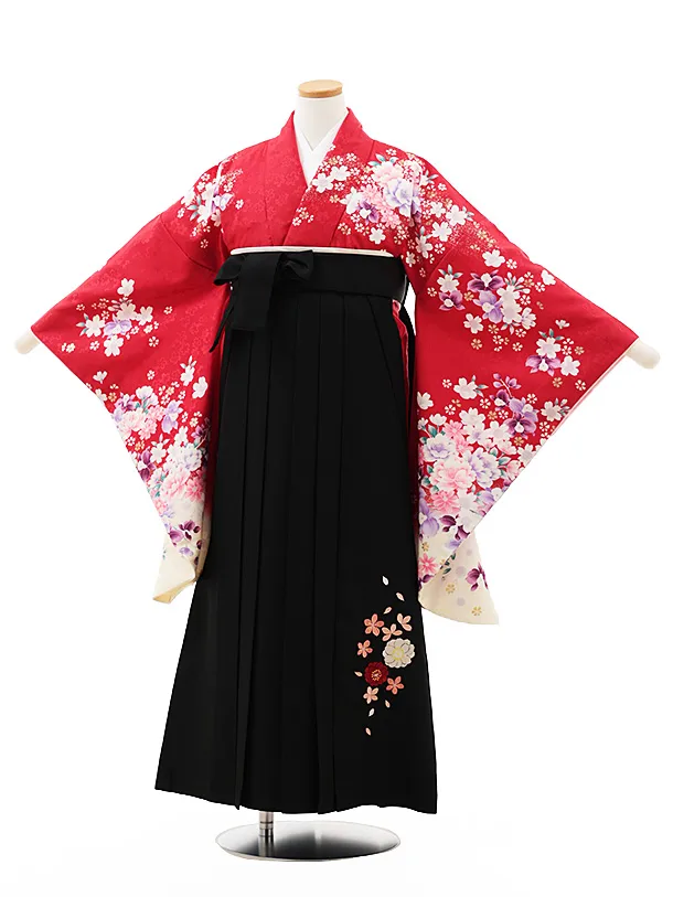 小学生卒業式略式袴(女の子) Z545 赤地花づくし×黒桜