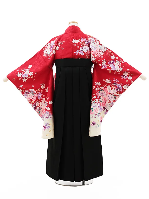 小学生卒業式略式袴(女の子) Z545 赤地花づくし×黒桜