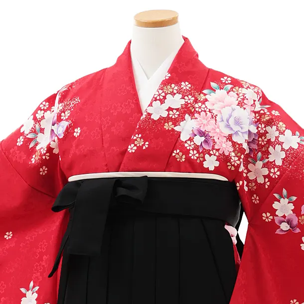小学生卒業式略式袴(女の子) Z545 赤地花づくし×黒桜
