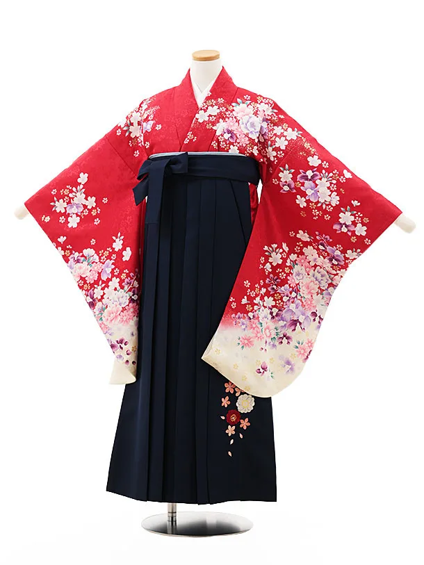小学生卒業式略式袴(女の子) Z546 赤地花づくし×紺桜
