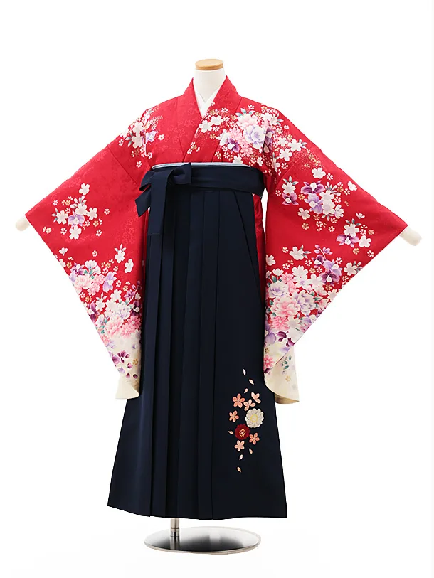 小学生卒業式かんたん袴(女の子) Z546 赤地花づくし×紺桜
