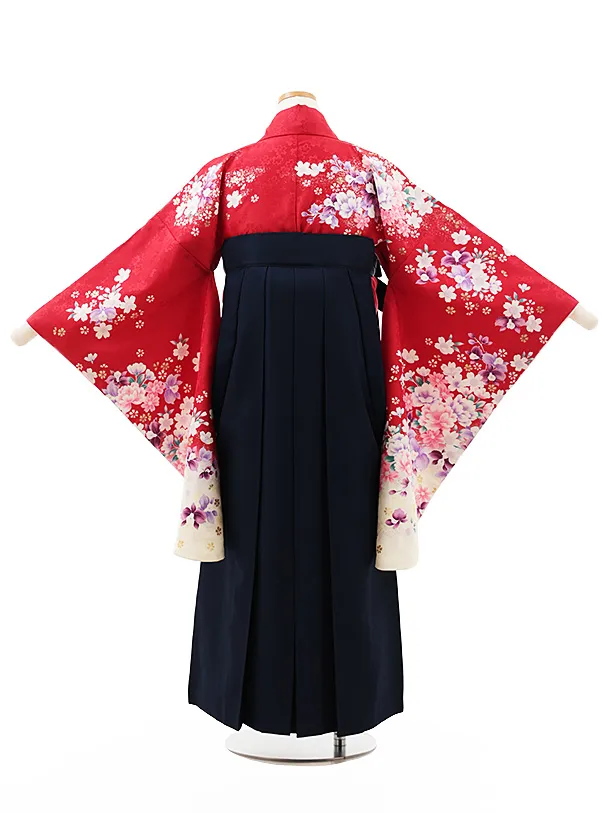 小学生卒業式かんたん袴(女の子) Z546 赤地花づくし×紺桜
