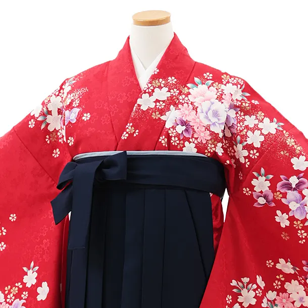 小学生卒業式かんたん袴(女の子) Z546 赤地花づくし×紺桜