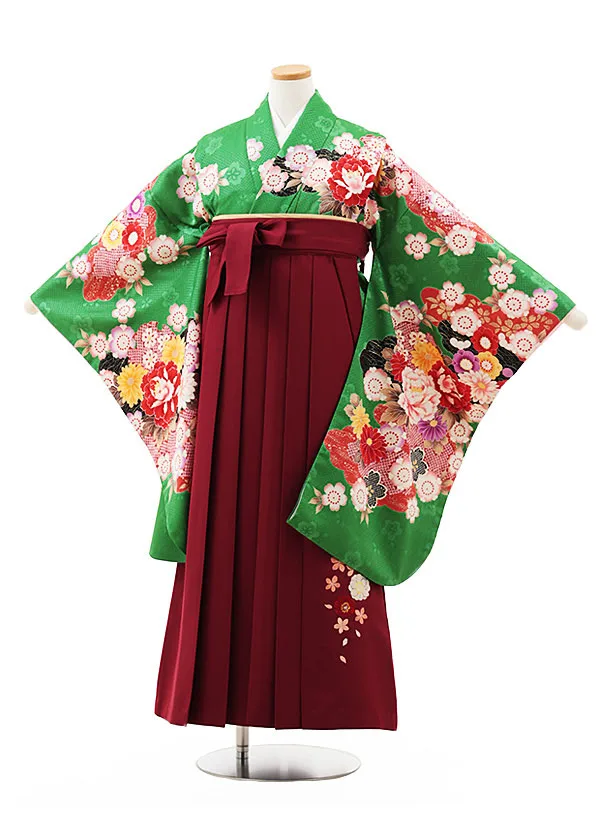 小学生卒業式略式袴(女の子) Z555 グリーン花づくし×エンジ桜