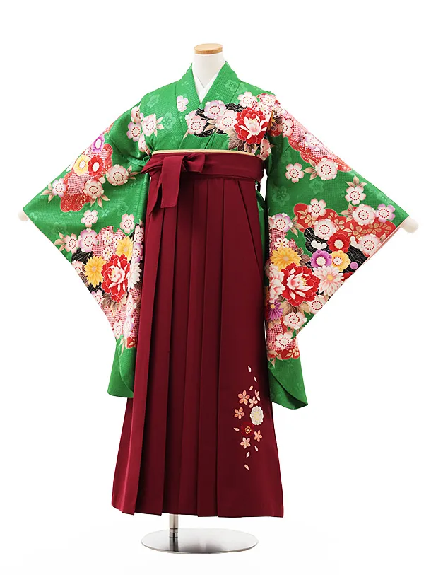 小学生卒業式かんたん袴(女の子) Z555 グリーン花づくし×エンジ桜