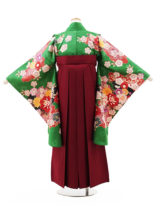 小学生卒業式かんたん袴(女の子) Z555 グリーン花づくし×エンジ桜
