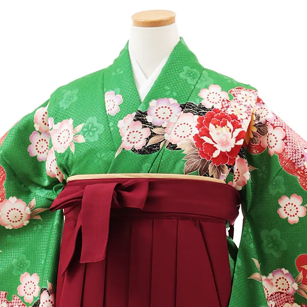 小学生卒業式かんたん袴(女の子) Z555 グリーン花づくし×エンジ桜