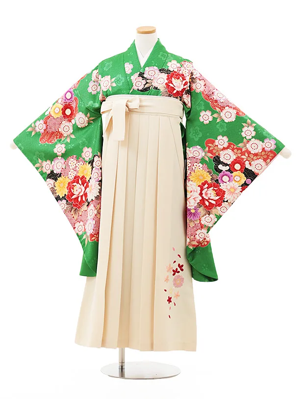 小学生卒業式略式袴(女の子) Z559 グリーン花づくし×クリーム桜