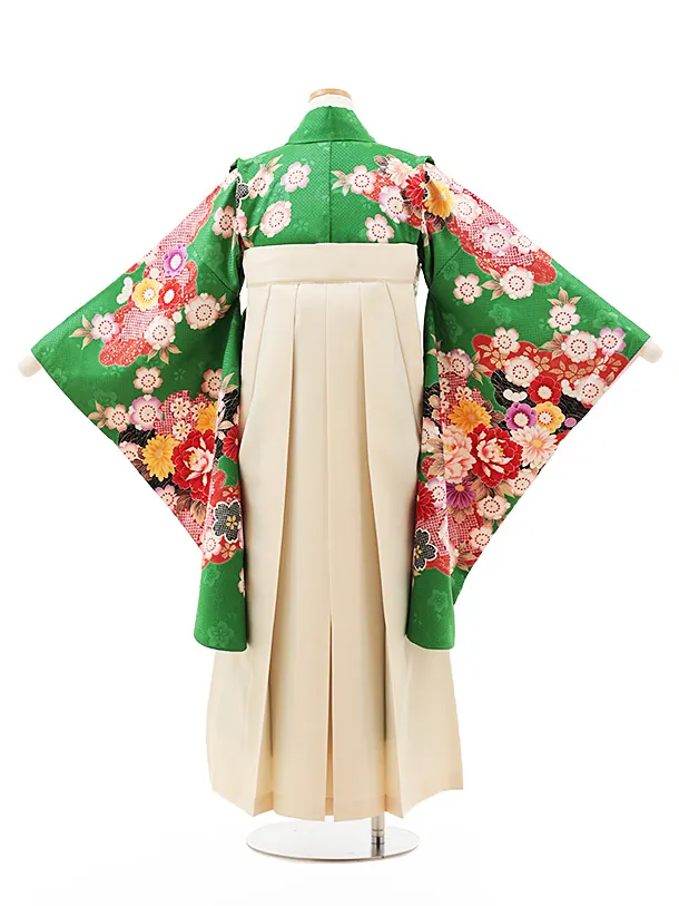 小学生卒業式略式袴(女の子) Z559 グリーン花づくし×クリーム桜