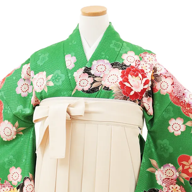 小学生卒業式略式袴(女の子) Z559 グリーン花づくし×クリーム桜