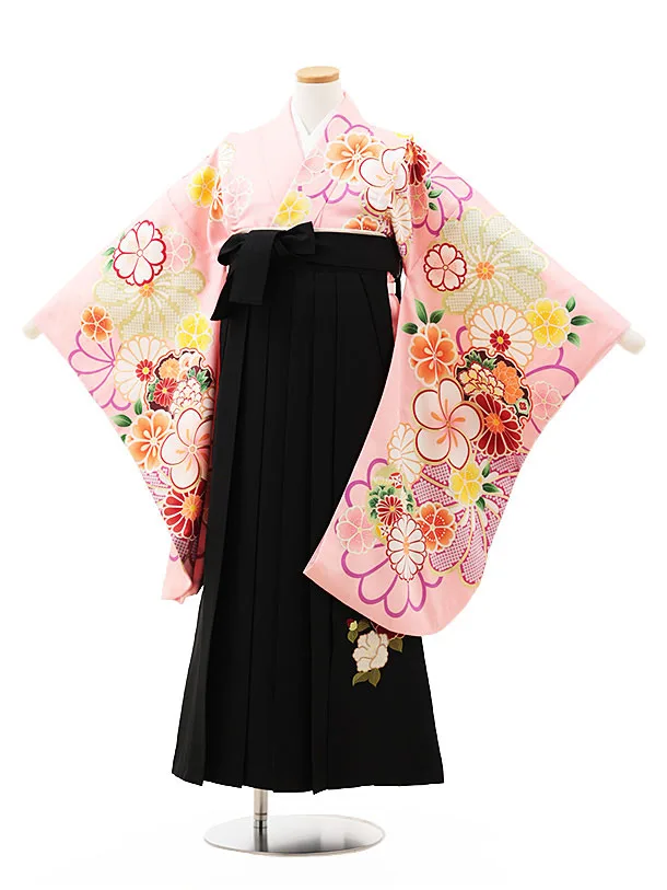 小学生卒業式略式袴(女の子) Z560 ピンク花づくし×黒椿