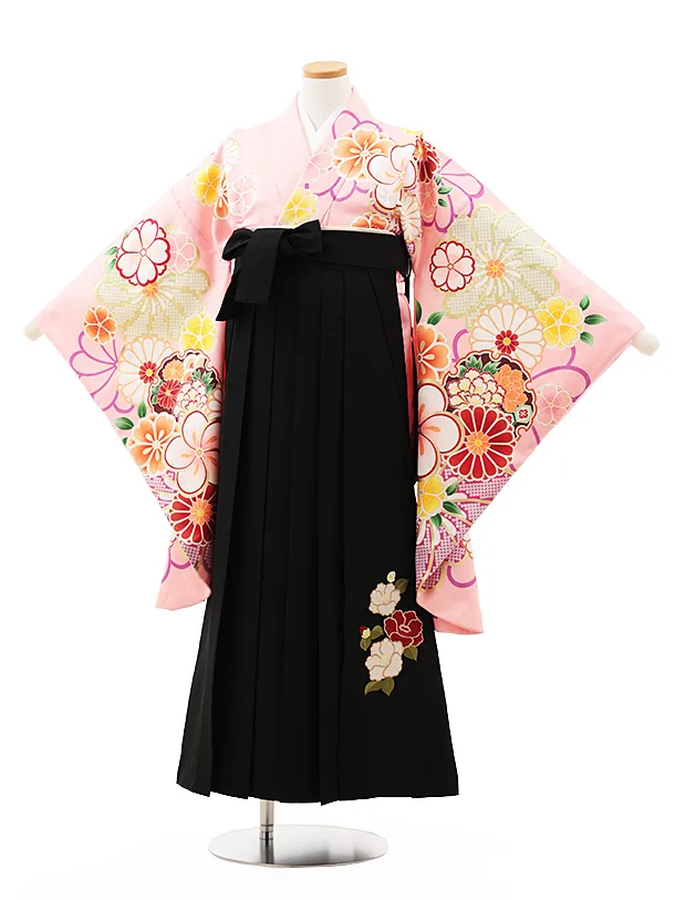 小学生卒業式略式袴(女の子) Z560 ピンク花づくし×黒椿
