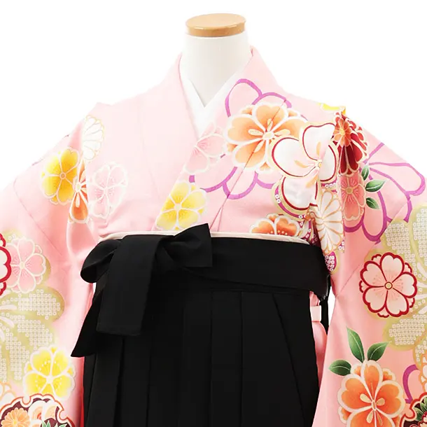 小学生卒業式略式袴(女の子) Z560 ピンク花づくし×黒椿