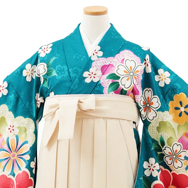 小学生卒業式略式袴(女の子) Z561 ターコイズ桜椿×クリーム椿