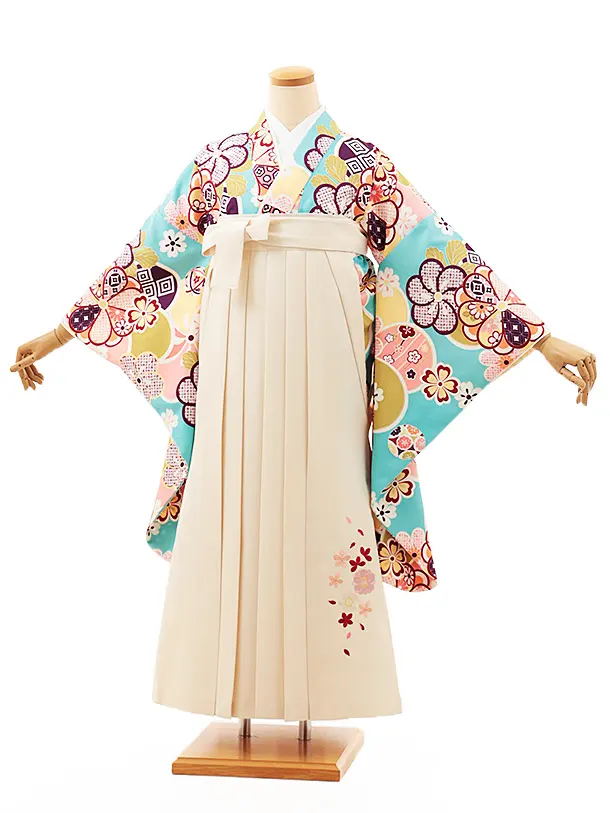 小学生卒業式略式袴(女の子) Z563 水色ねじり梅×クリーム桜