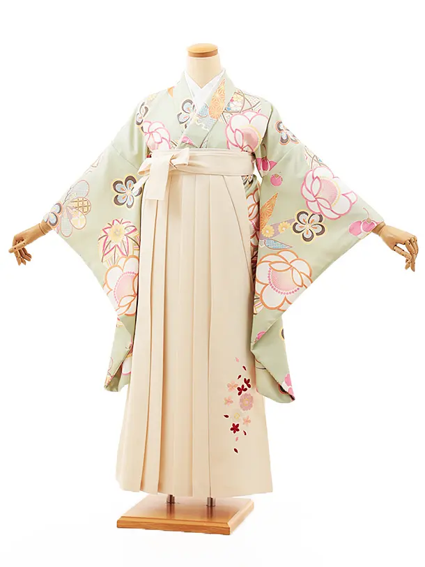 小学生卒業式略式袴(女の子) Z564 ペールグリーン鞠に松竹梅×クリーム桜