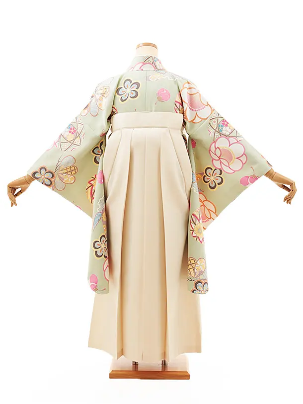 小学生卒業式略式袴(女の子) Z564 ペールグリーン鞠に松竹梅×クリーム桜