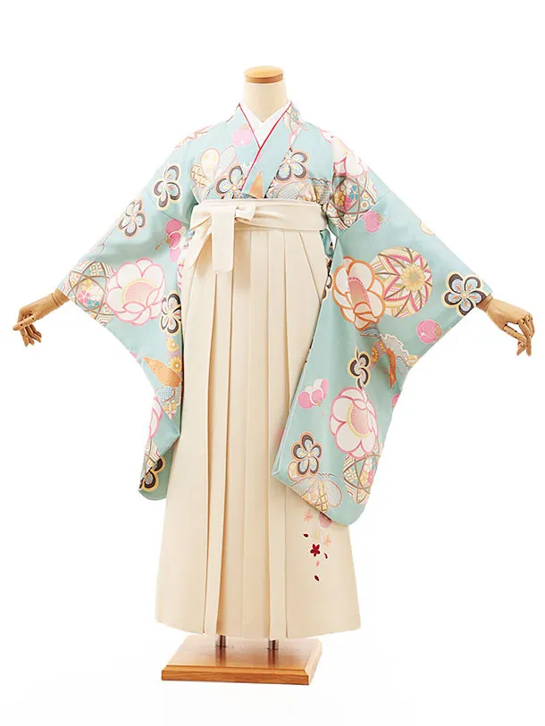 小学生卒業式略式袴(女の子) Z565 ペールブルー鞠に松竹梅×クリーム桜