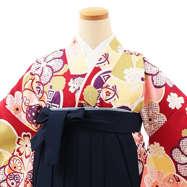 小学生卒業式略式袴(女の子) Z567 赤地ねじり梅×紺桜